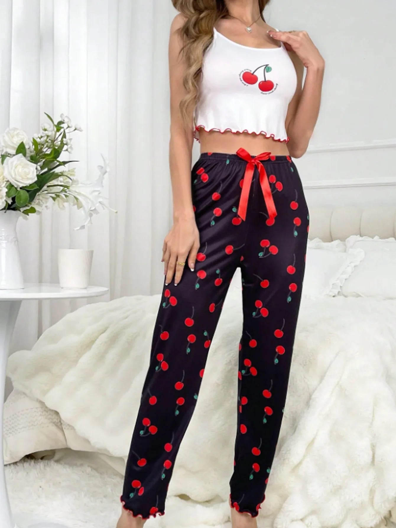 Y2K Coquette Cherry Print Pajama Cami Crop Top Pants Two Piece Loungewear