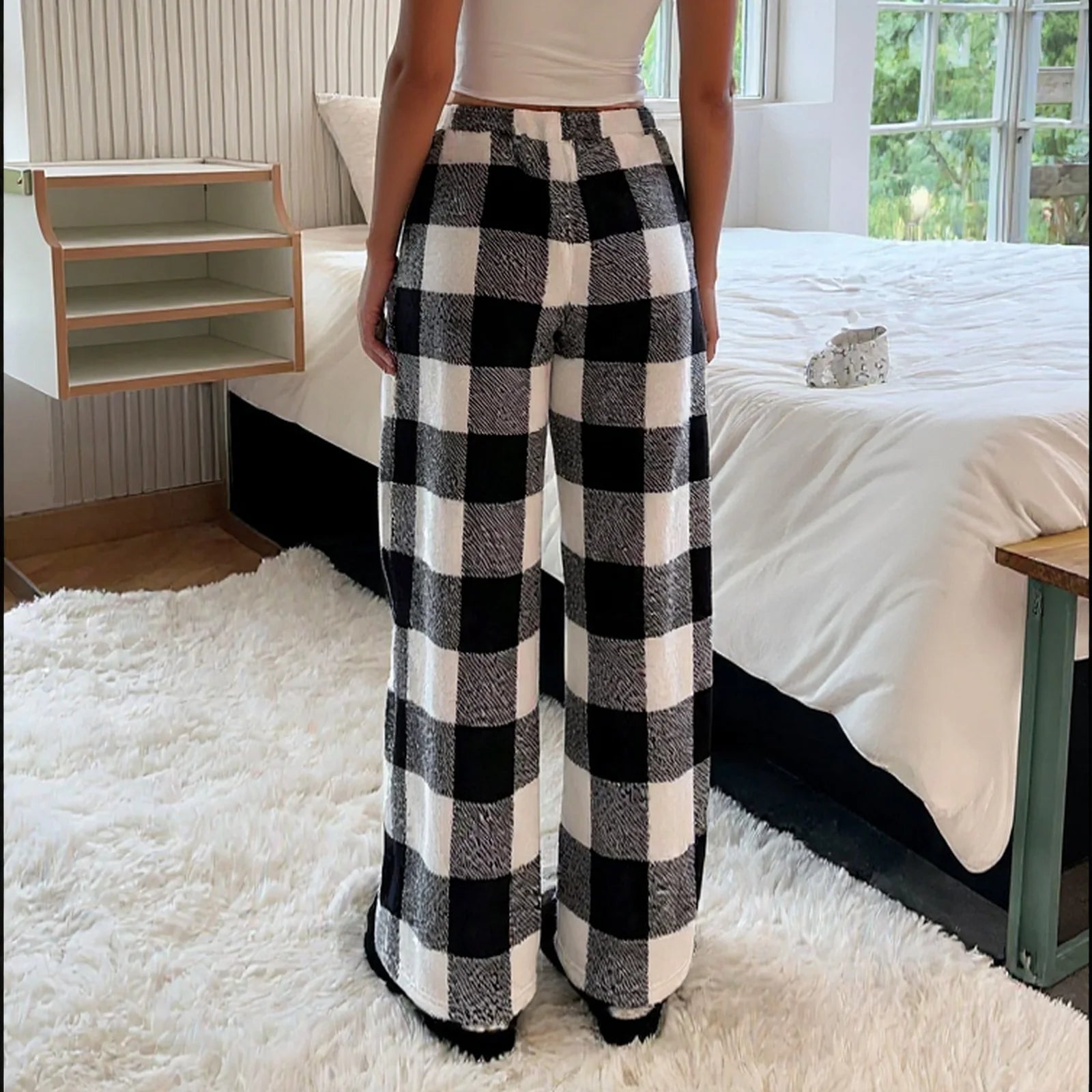 Plush Plaid Trousers Loose Elastic Bow Tie Plush Sleep Bottoms