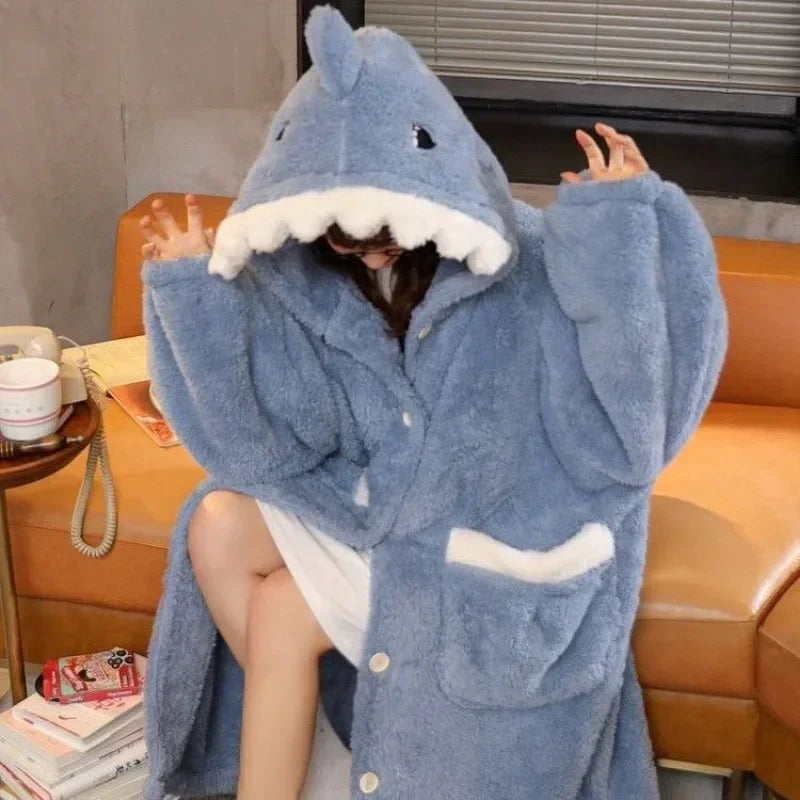 Warm Fleece Shark Robe Women's One Piece Nightgown Long Sleeve Button Up Design Soft Flannel Pajama with Hood