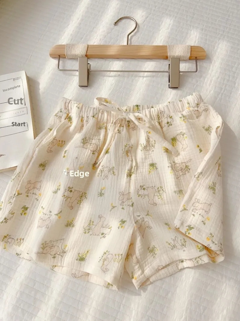 Thin Pure Cotton Bubble Cotton Gauze Sweet Loose High Waist Full Cotton Shorts