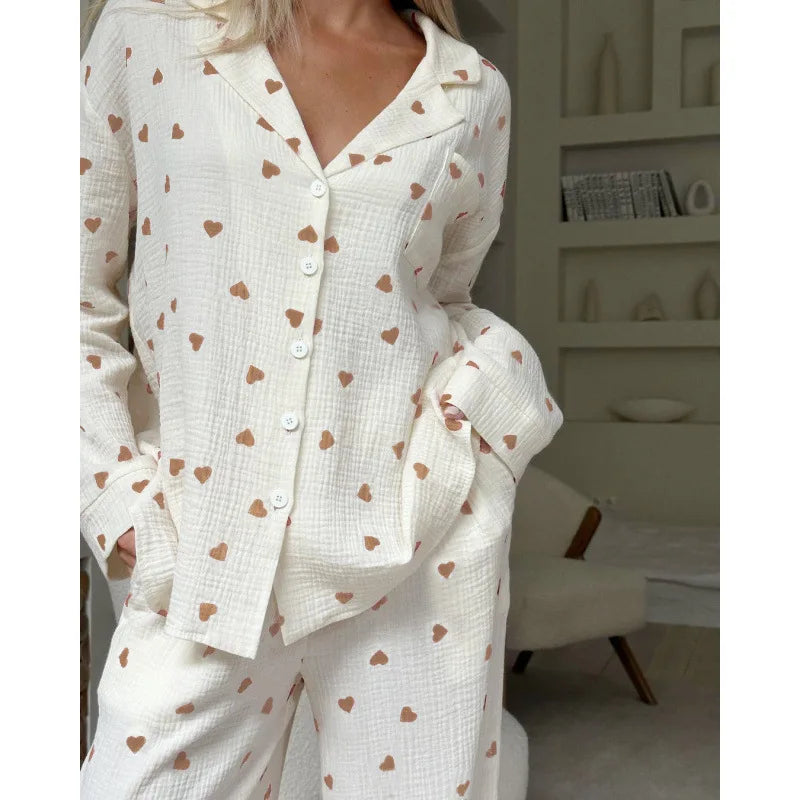 Women's Heart Print Long-Sleeve Lapel Chest Pocket Top And Pants Soft Cotton Fabric Loose Sleepwear