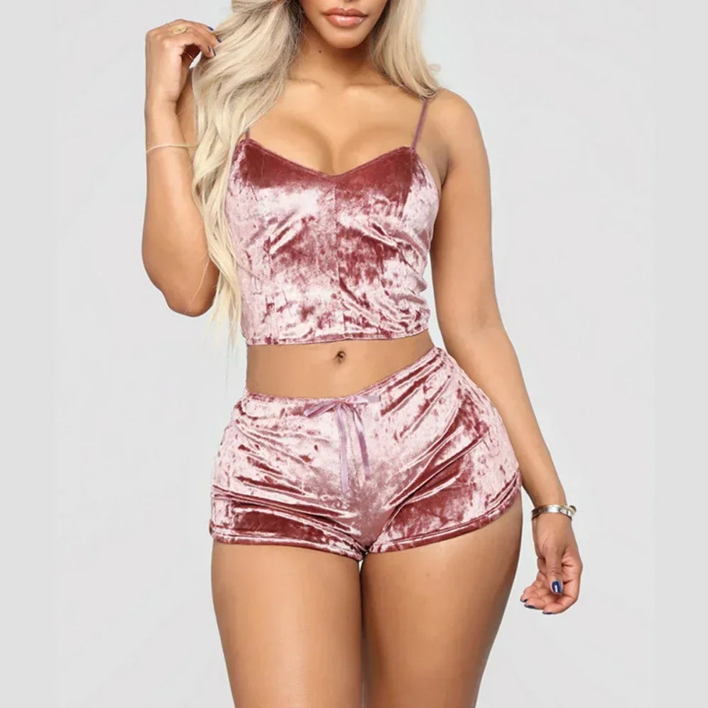 Velvet Polyester Comfortable V Neck Underwear Crop Top + Shorts Pajama Set
