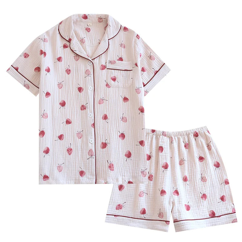 Japanese Short-sleeved Shorts Two-piece Ladies Cotton Crepe Cute Fresh Loose Set