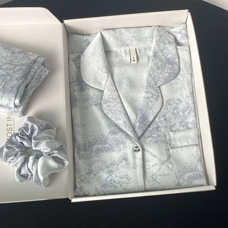 Ice Silk Women Pajama Lapel Button Cardigan Style