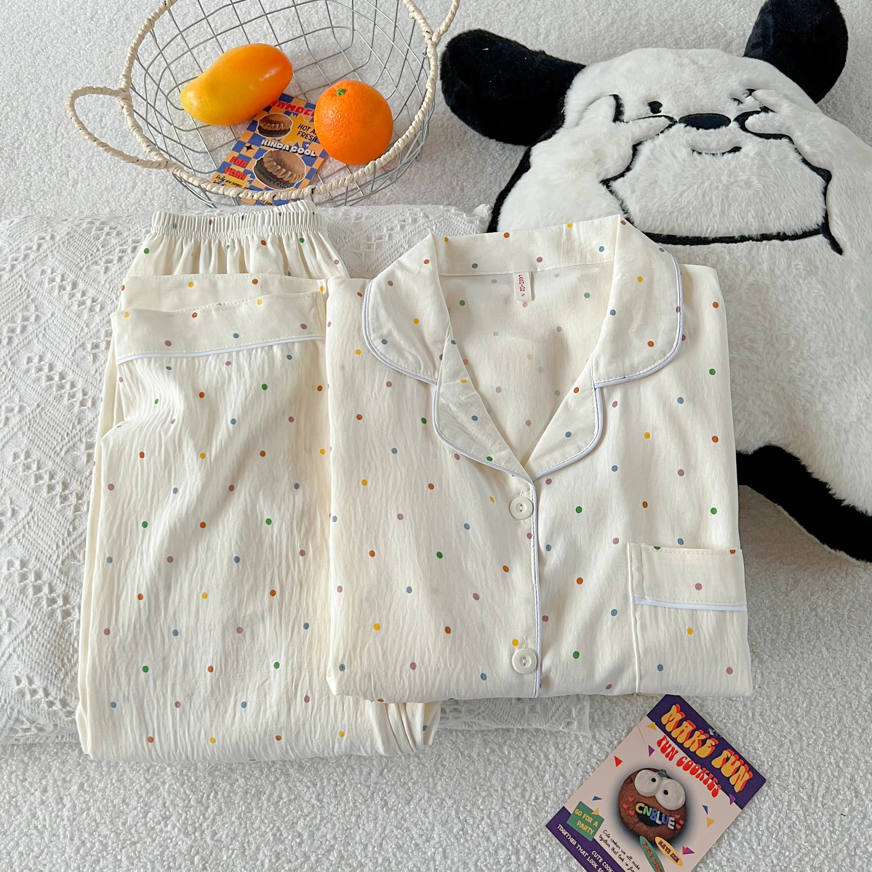 Polka Dot Print Women Pajamas Long 2 Piece Set