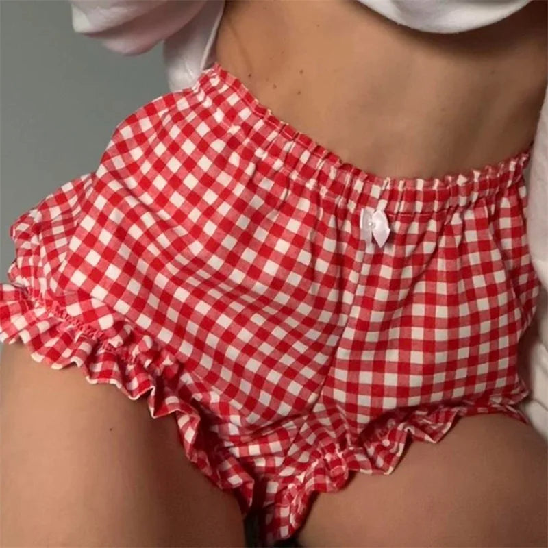 Y2K Plaid Pajama Shorts Elastic Band Ruffle Trim Cottage Pajamas Bottoms