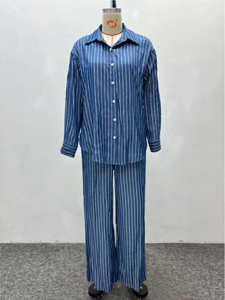 Stripe Blue Loose Long Sleeve Shirt Trousers Two Piece Set Lounge Outfit