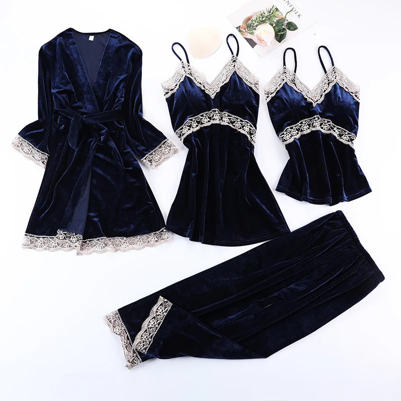 Lace Velvet 4 Pieces Women Warm Pajamas Sets With Pants Sexy Robe Sleepwear Sleeveless Nightwear