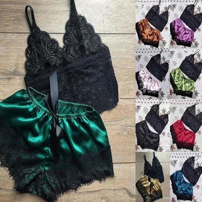 Sexy Lace Neck-line Lingerie Sleeveless V-Neck Tops and Shorts Sets Nightwear