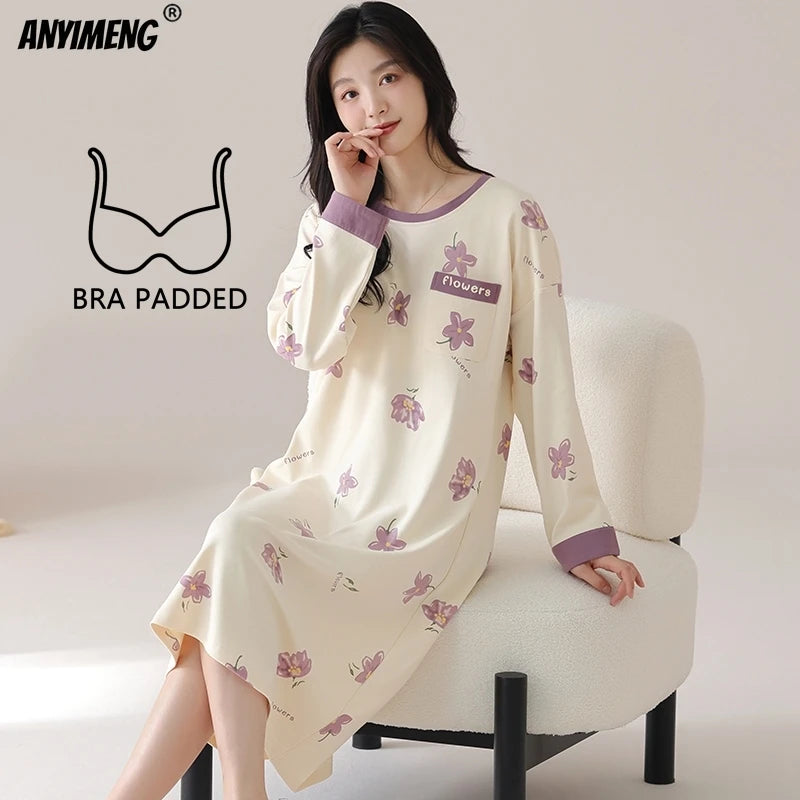 Women Long Nightgowns Pullover Loose Bra Padded Cotton Sleepshirt