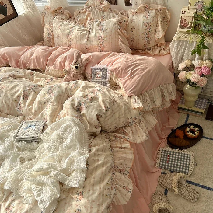 Princess Style Floral Ruffles Bedding Set Skin-friendly Soft Duvet Cover Set Bed Sheet Or Bed Skirt Pillowcases
