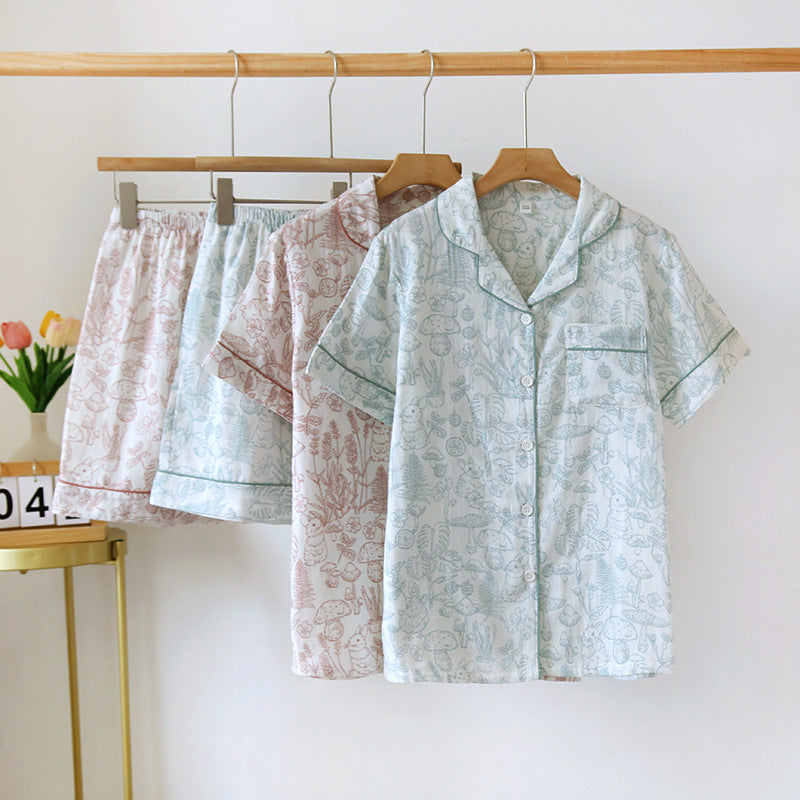 Double Layer Gauze Breathable Cotton Fashion Print Short Sleeved Soft Thin Two-piece Pajama Set