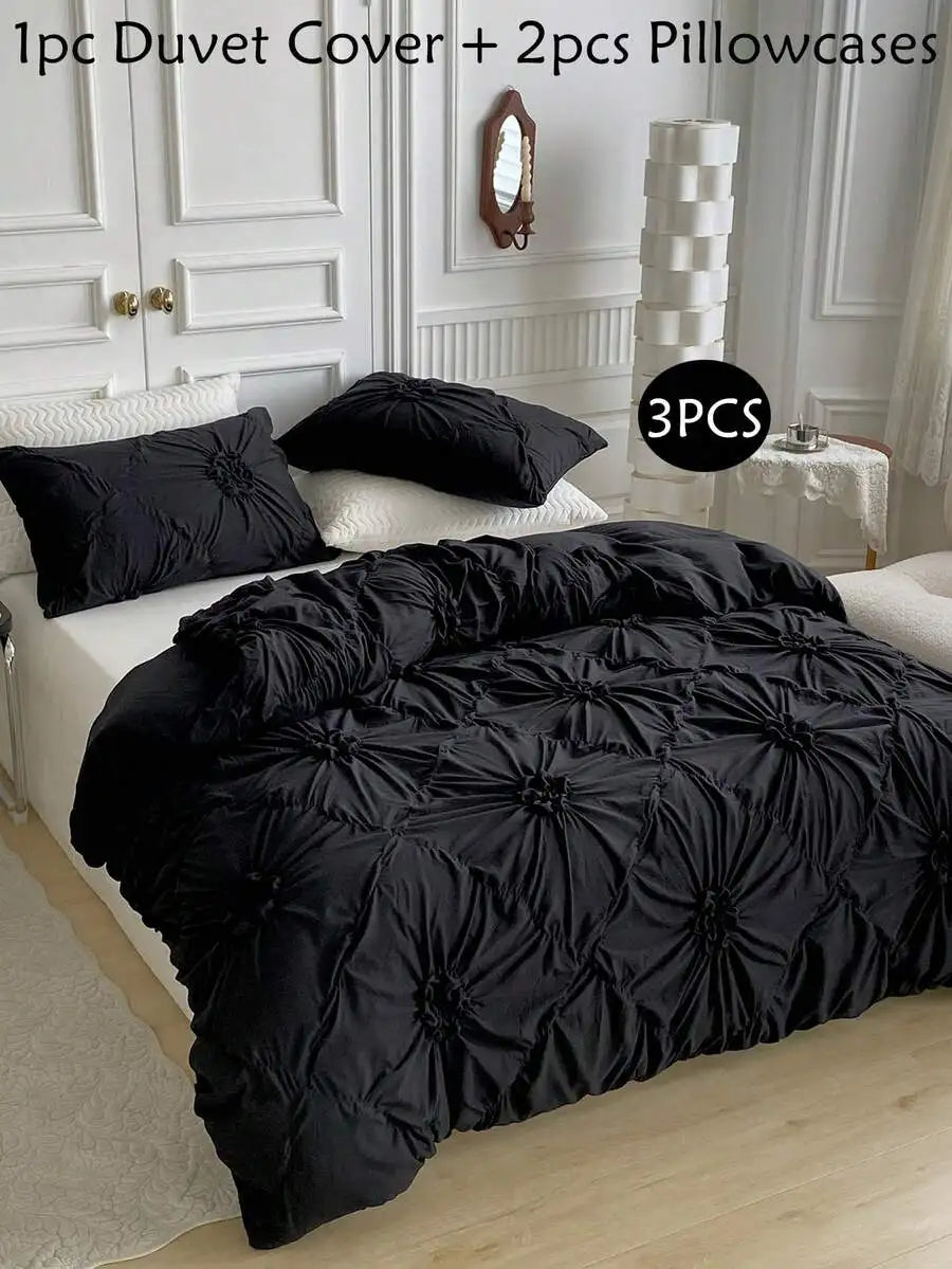 Ruched Flower Design Duvet Cover Set with Pillowcases Polyester Bedding for All Seasons