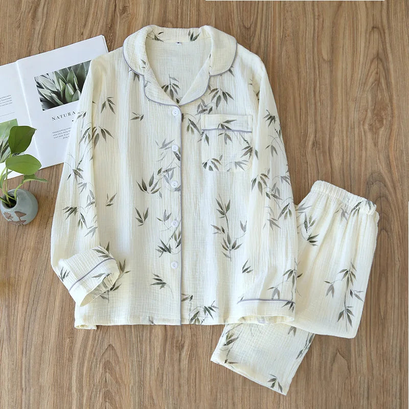 Ladies 100% Cotton Crepe Long sleeved Pants Two-piece Cute and Sweet Set