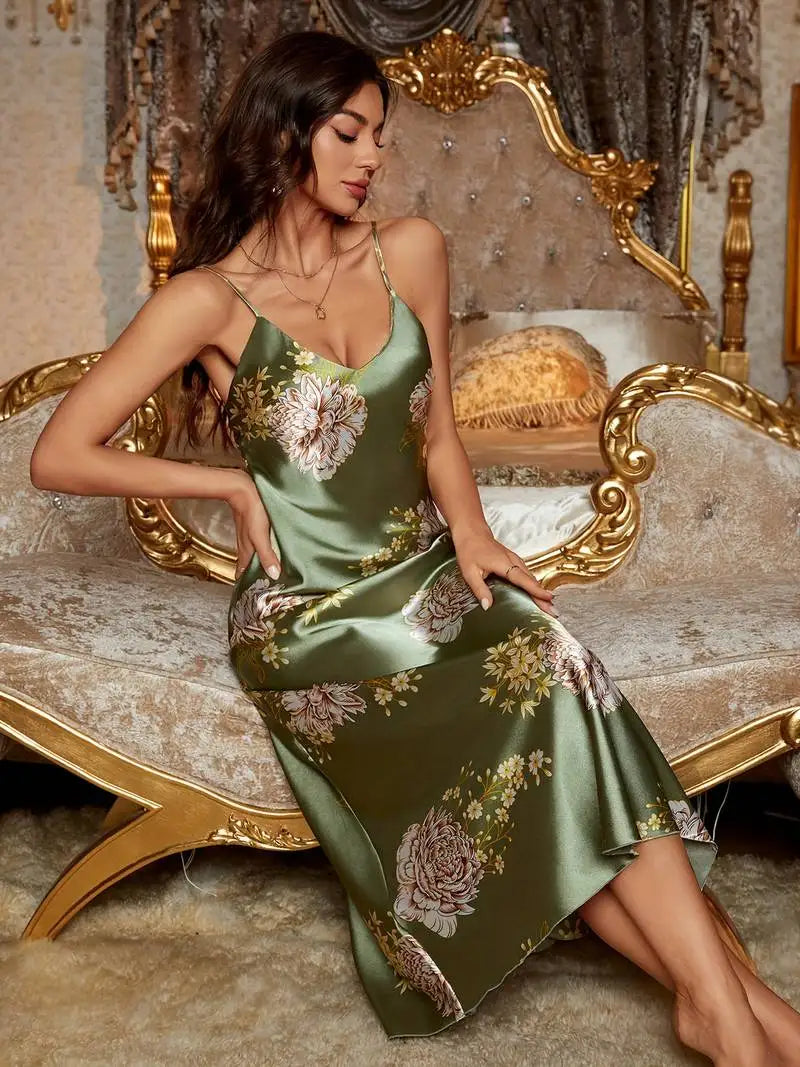 Luxury Peony Print Silky l Satin Backless V-Neck Slip Dress