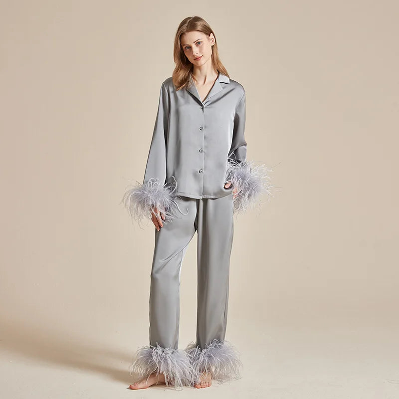 Luxury Feathers 2Pcs Silk Satin Long Sleeve Trouser Elegant Home Wear