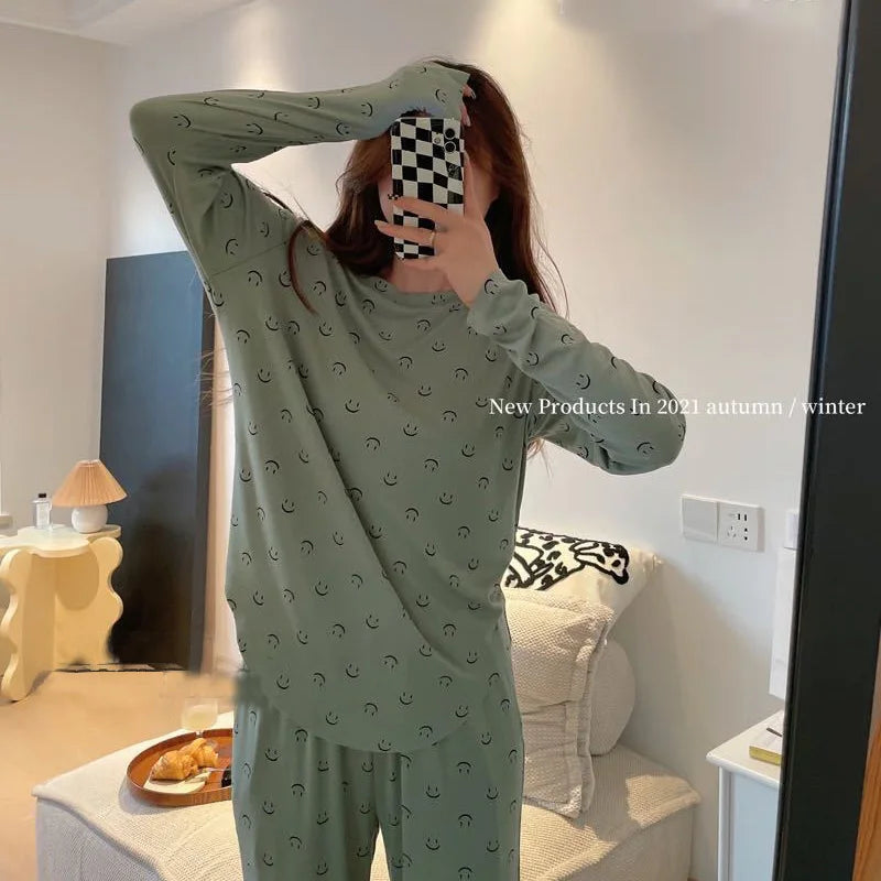 Smiley Two-piece Long-Sleeved Long Pants Soft Skin-Friendly Sleep Pajamas