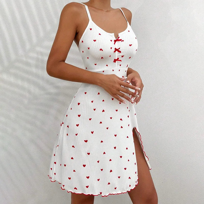 Heart-Printed Rib Front Deep V-Neck Spaghetti Strap Sleep Dress