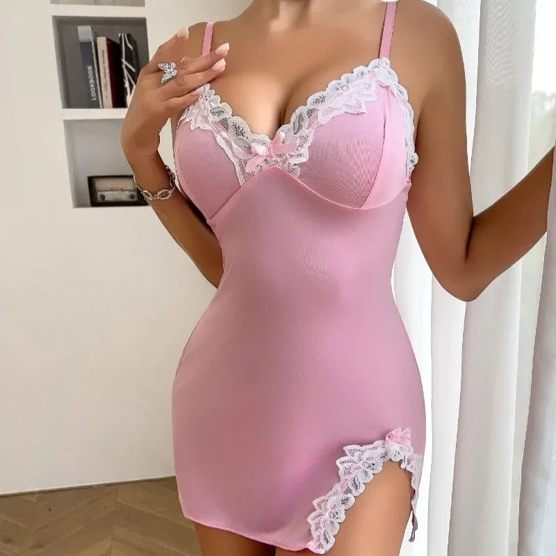 Seductive Deep V Sleeveless Lace Lingerie Nightgown