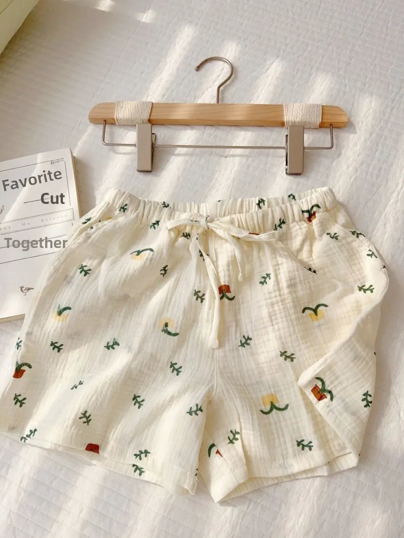 Thin Pure Cotton Bubble Cotton Gauze Sweet Loose High Waist Full Cotton Shorts