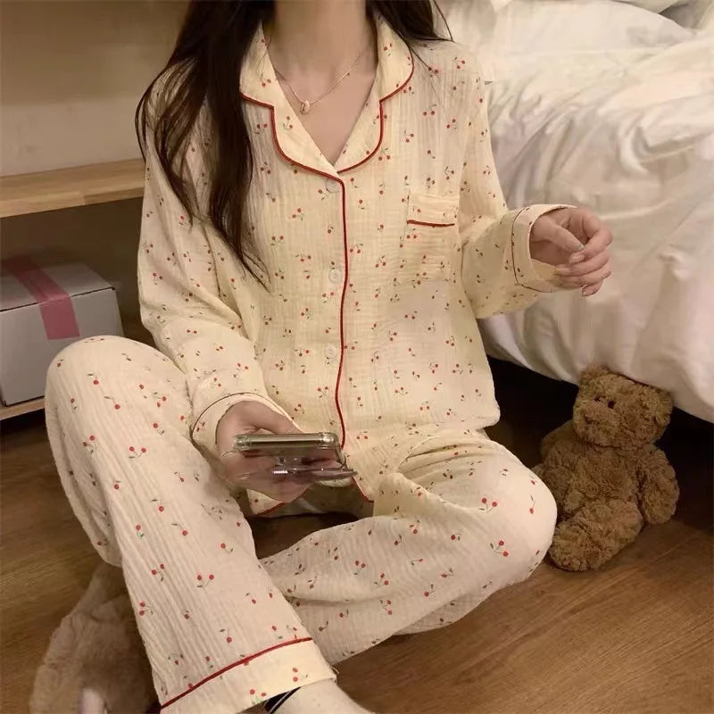 Long-Sleeved Rustic Style Floral Imitation Cotton Wrinkled Cloth Loose Pajamas
