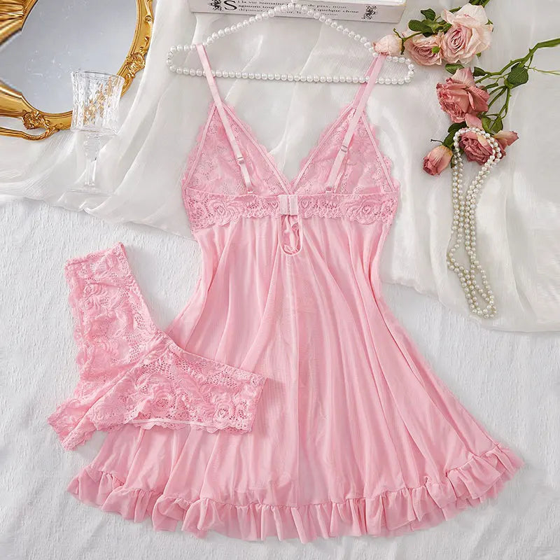 Ultra-thin Nightgown Lace Thong Sets Women's Sexy Pyjamas Lingerie