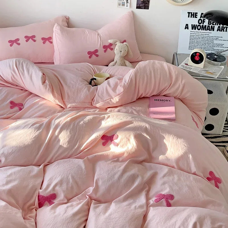 3D Embroidered Bow Quilt Set Cotton Pink Comfortable Soft Bedding