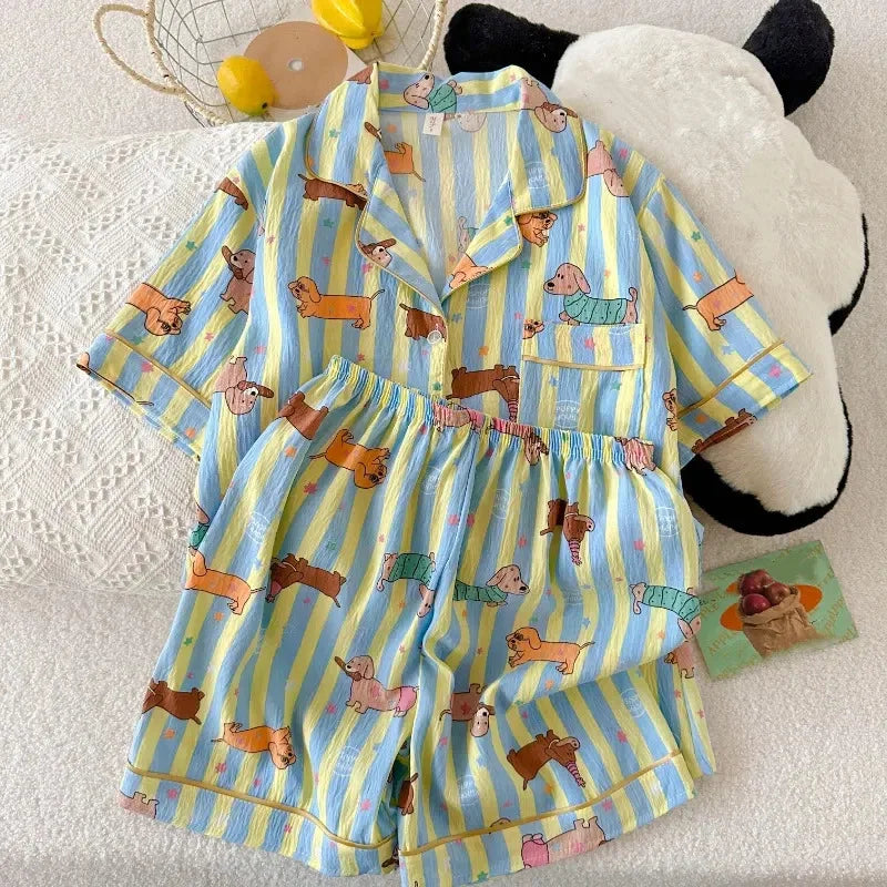 Star Striped Dog Print Kawaii Pajamas