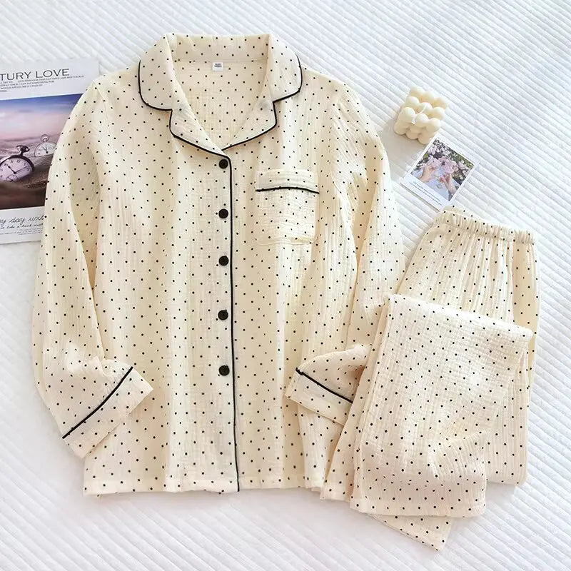 Women's Cute Polka Dot 100% Cotton Crepe Long-sleeved Trousers Two-piece Pajama Set