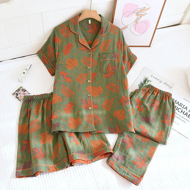 Short Sleeve Gauze Cotton Pyjamas Summer New Three-pieces Floral Nightwear
