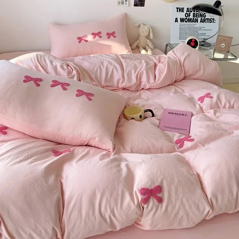 3D Embroidered Bow Quilt Set Cotton Pink Comfortable Soft Bedding