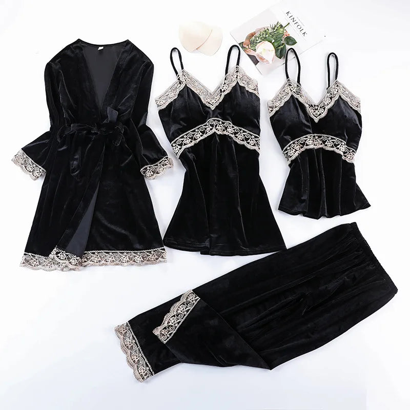 Lace Velvet 4 Pieces Women Warm Pajamas Sets With Pants Sexy Robe Sleepwear Sleeveless Nightwear