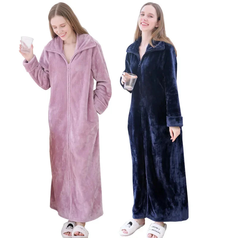 Ultra Long Thick Warm Bathrobe Thermal Flannel with Zipper