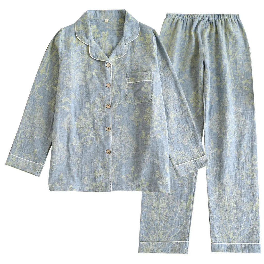 Spring 100% Cotton Gauze Retro Color Knitted Long Sleeve Two Piece Pajama Set