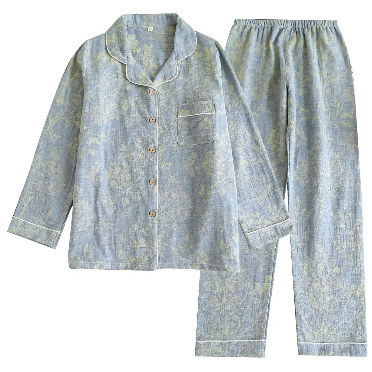 Spring 100% Cotton Gauze Retro Color Knitted Long Sleeve Two Piece Pajama Set