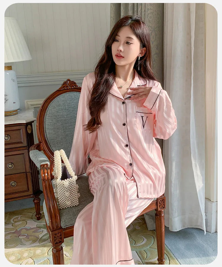 Women's Silk Pajama Set Long Sleeve Long Pants Lightweight Sleepwear for Comfortable Homewear Pj Set