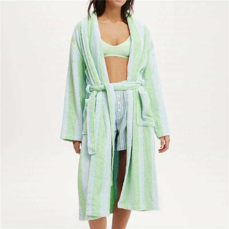 Terry Cloth Bathrobe with Pocket Long Sleeve Knee Length Shawl  Lounge Robes