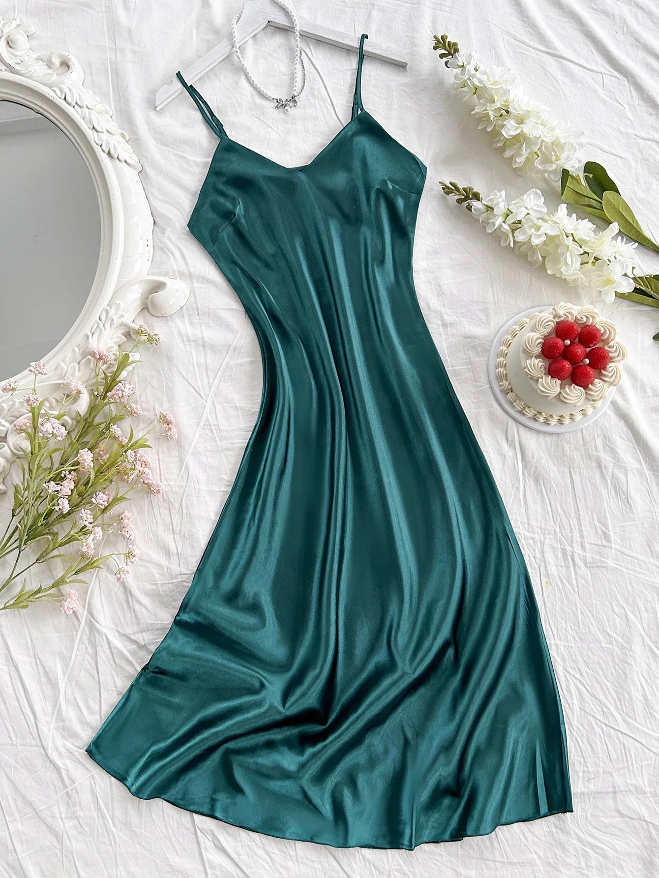 Elegant Satin Sexy Long Slip Solid Color Nightdress