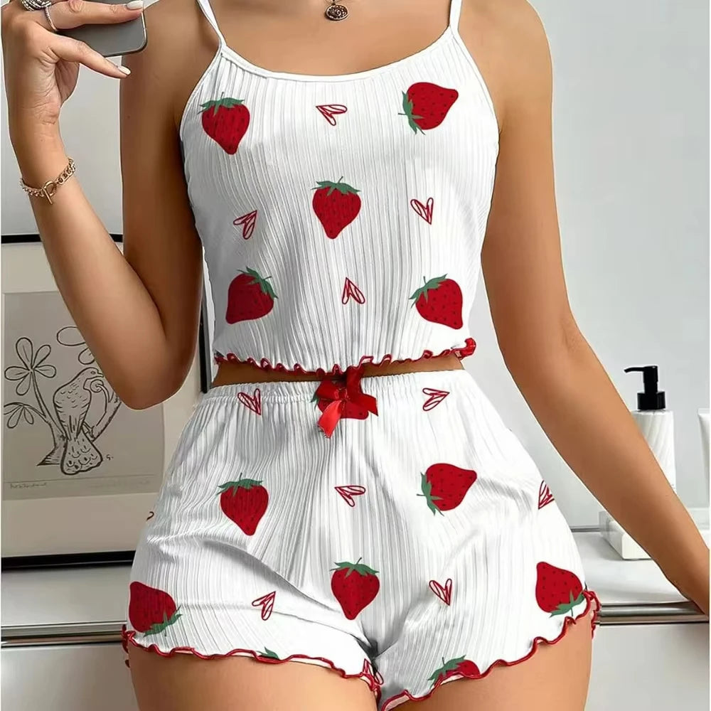 Strawberry Print Ribbed Two-Piece Knit Camisole Pajama Set