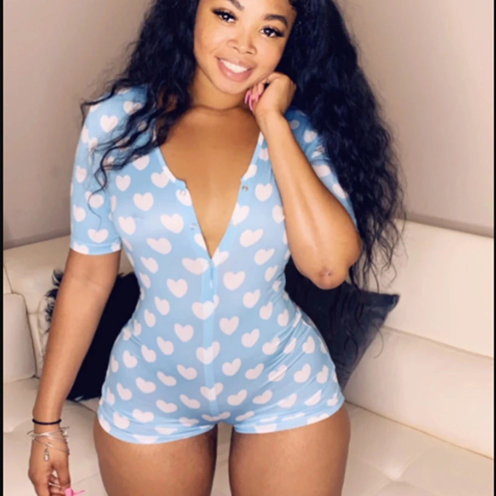 Love Pattern Printing Deep V-Neck Button Closure Slim-Fit Onesies