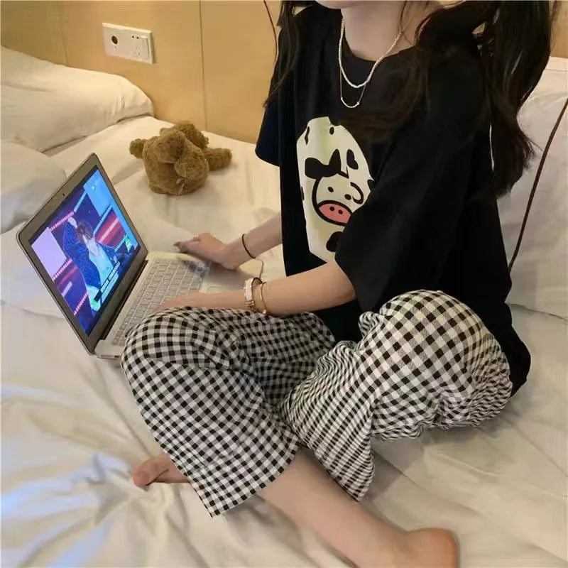 Ladies Comfortable Cartoon Half-sleeved Long Pants Two-piece Set