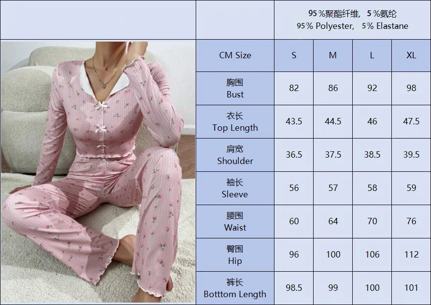 Y2K Bow Lettuce Trim Cute Floral Ribbed Womens Long Sleeve V Neck Two Piece Sleepwear