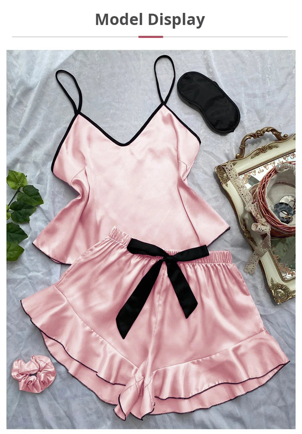 Smooth Satin Pajamas V-Neck T-Shirt Ruffled Edges And Bow Shorts Pajama Set