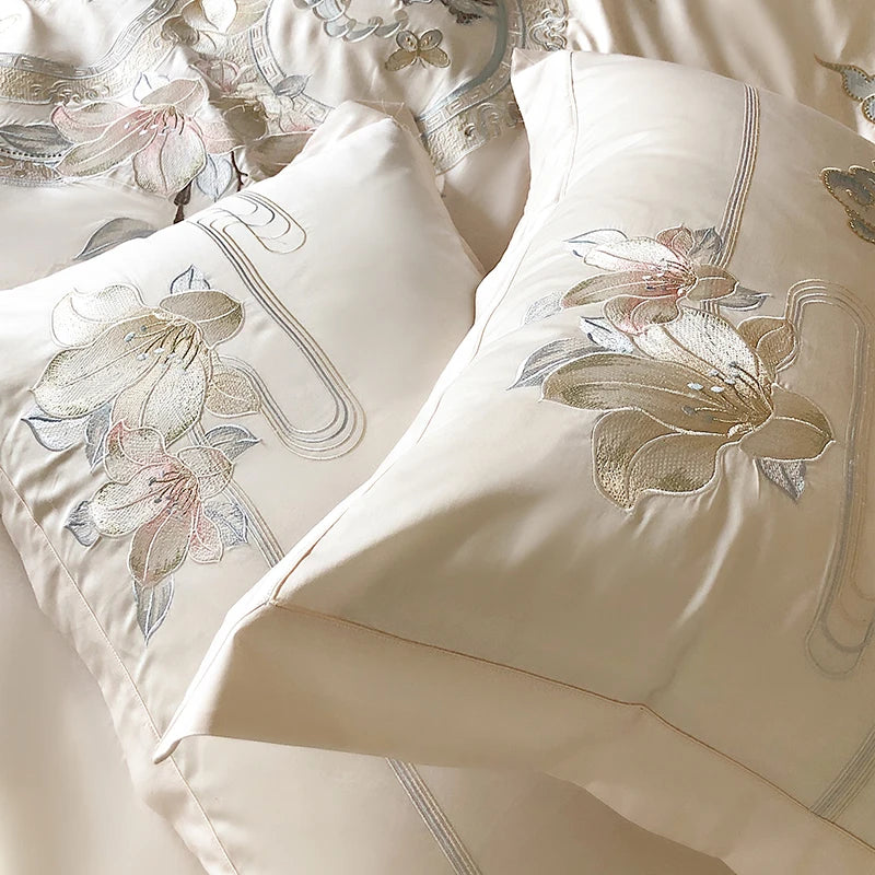 Flowers Bird Embroidery Luxury Bedding Set 1000TC Egyptian Cotton Duvet Cover Bed Sheet Pillowcases 4/5Pcs