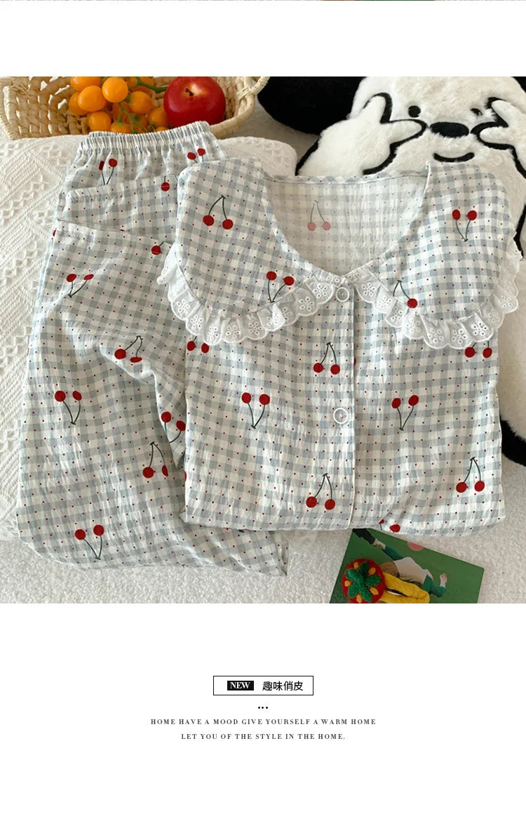 Spring Cloud-Print Cotton-Trimmed Collar Checked Sets