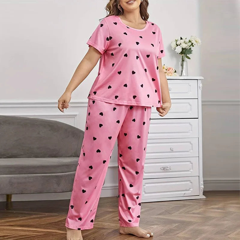 Soft Love Heart Print Short Sleeve T-shirt Top & Pants Sleepwear