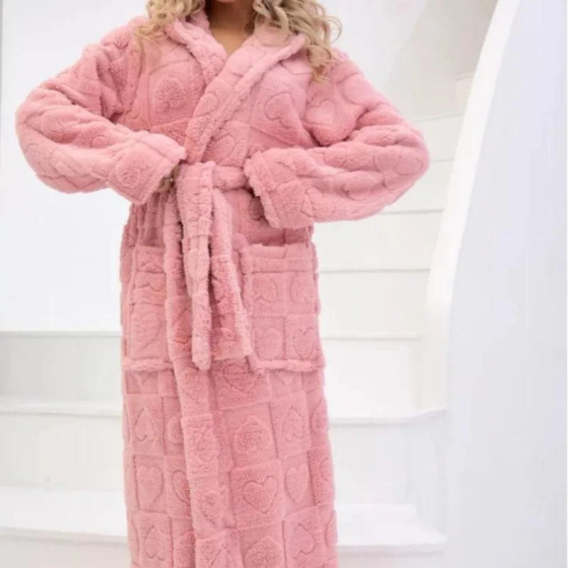 Solid Color Bathrobes Elegant Double Pocket Lace-Up Hooded Long Sleeve