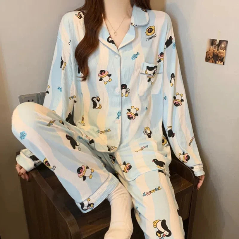 Cartoon Cute Penguins Blue White Striped Milk Silk Sleepwear