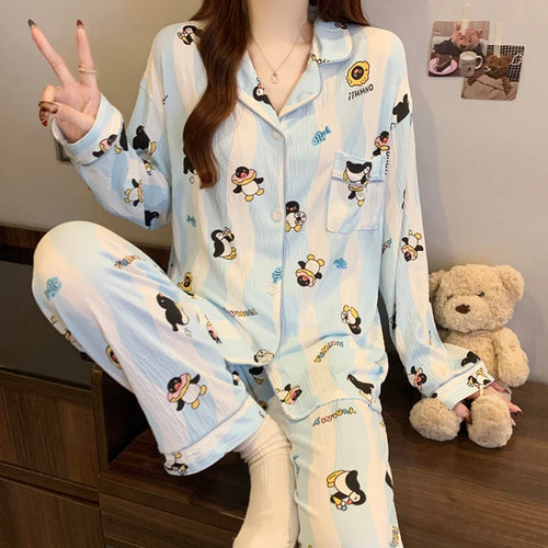 Cartoon Cute Penguins Blue White Striped Milk Silk Sleepwear