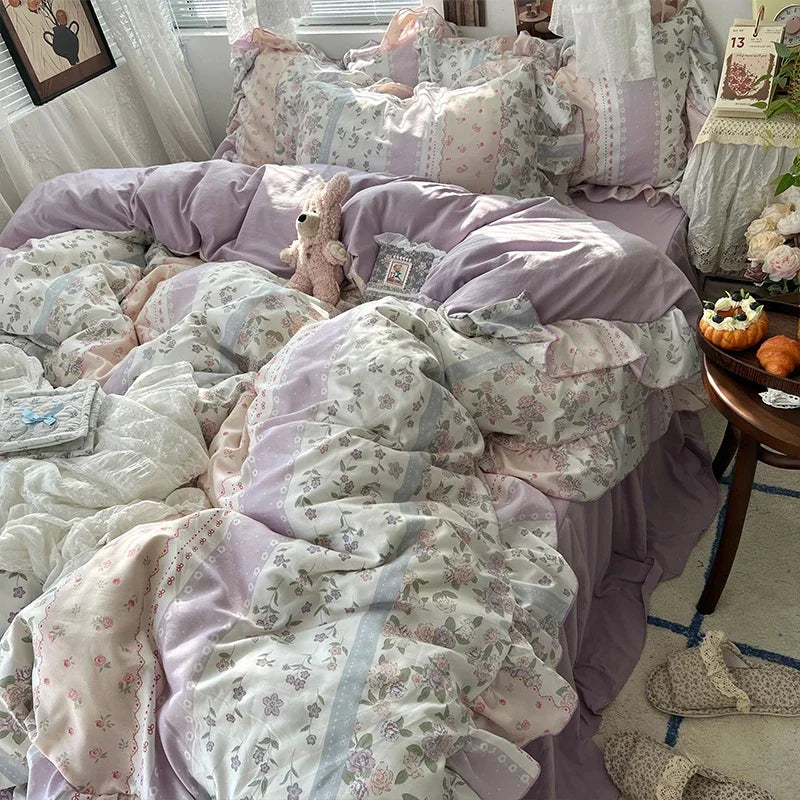 Princess Style Floral Ruffles Bedding Set Skin-friendly Soft Duvet Cover Set Bed Sheet Or Bed Skirt Pillowcases
